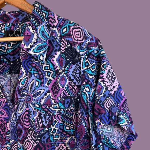 Vintage 90s Erika Geometric Print Button Down Shirt - Picture 2 of 8